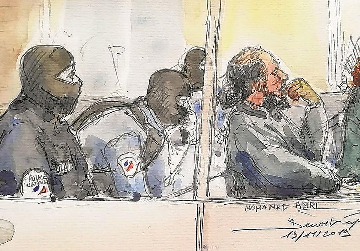 Dibujo del juicio celebrado en 2019 en París a miembros de los Clain.