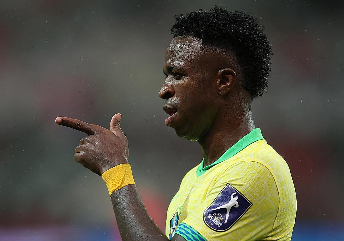 Vinicius celebrates a recent goal for Brazil against South Korea.