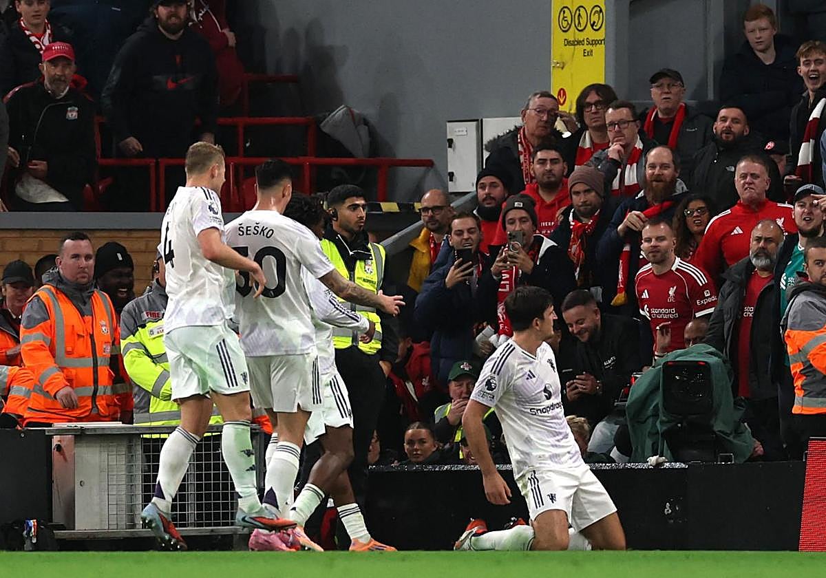 Harry Maguire celebrates his goal against Liverpool.