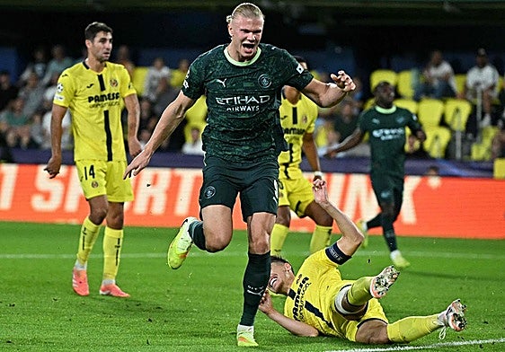 Erling Haaland celebra su gol al Villarreal.