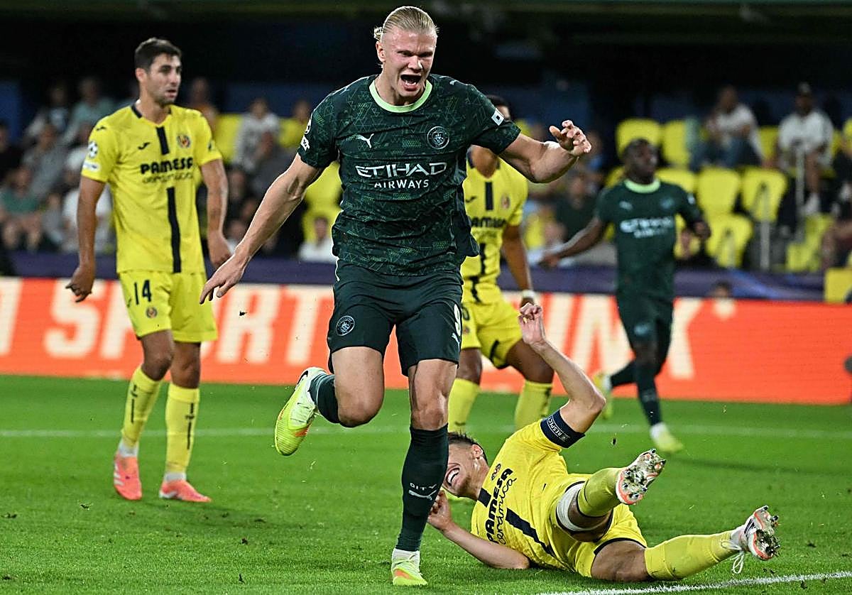 Erling Haaland celebra su gol al Villarreal.