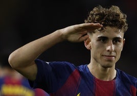 Fermín celebra uno de los tres goles que marcó ante Olympiacos.