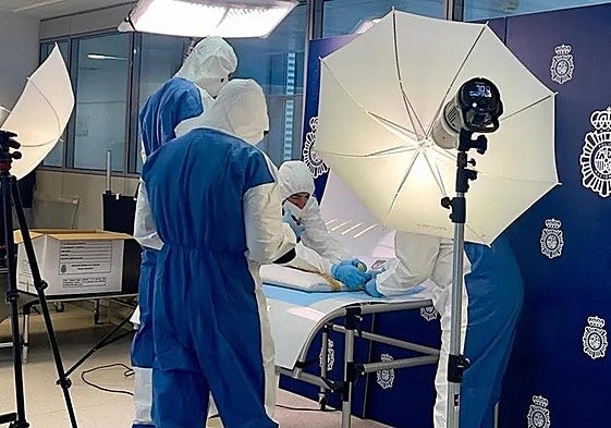 Agentes de la Policía Nacional inspeccionando el cuadro este viernes.