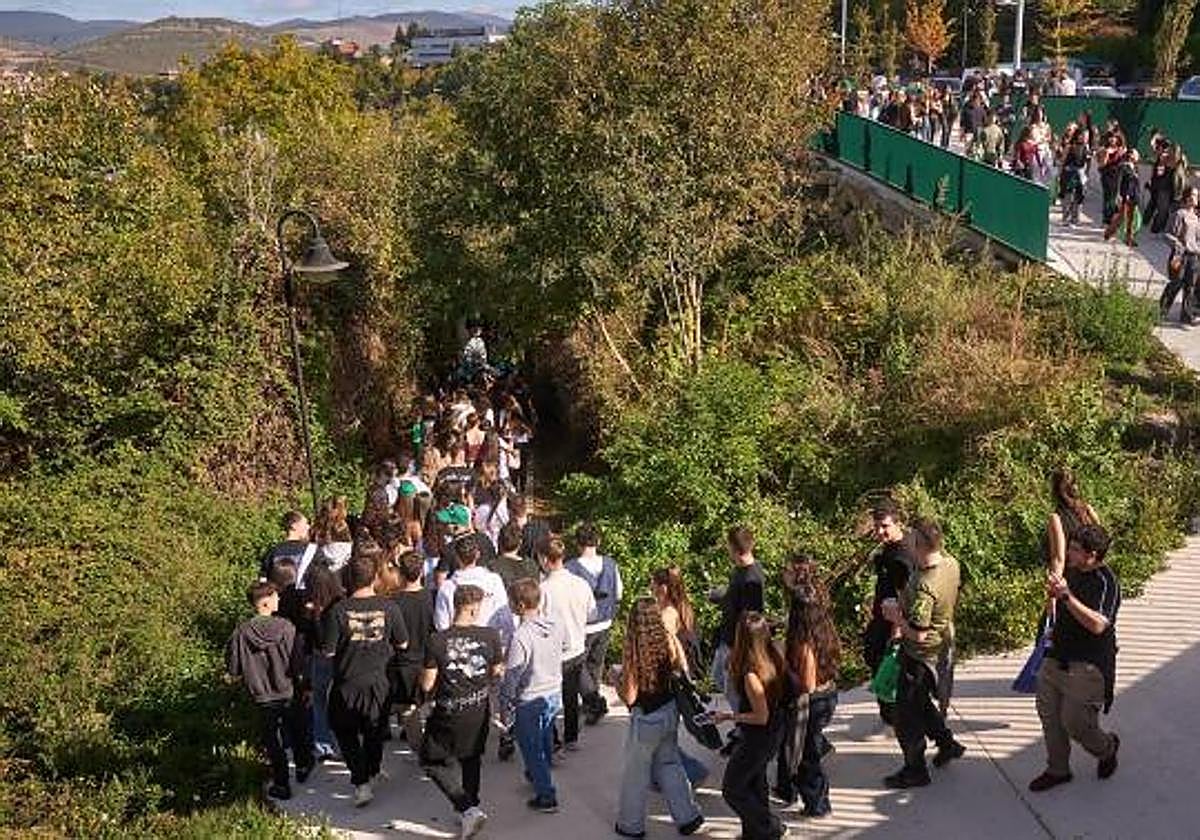 Numerosos jóvenes caminan por un parque, en Pamplona