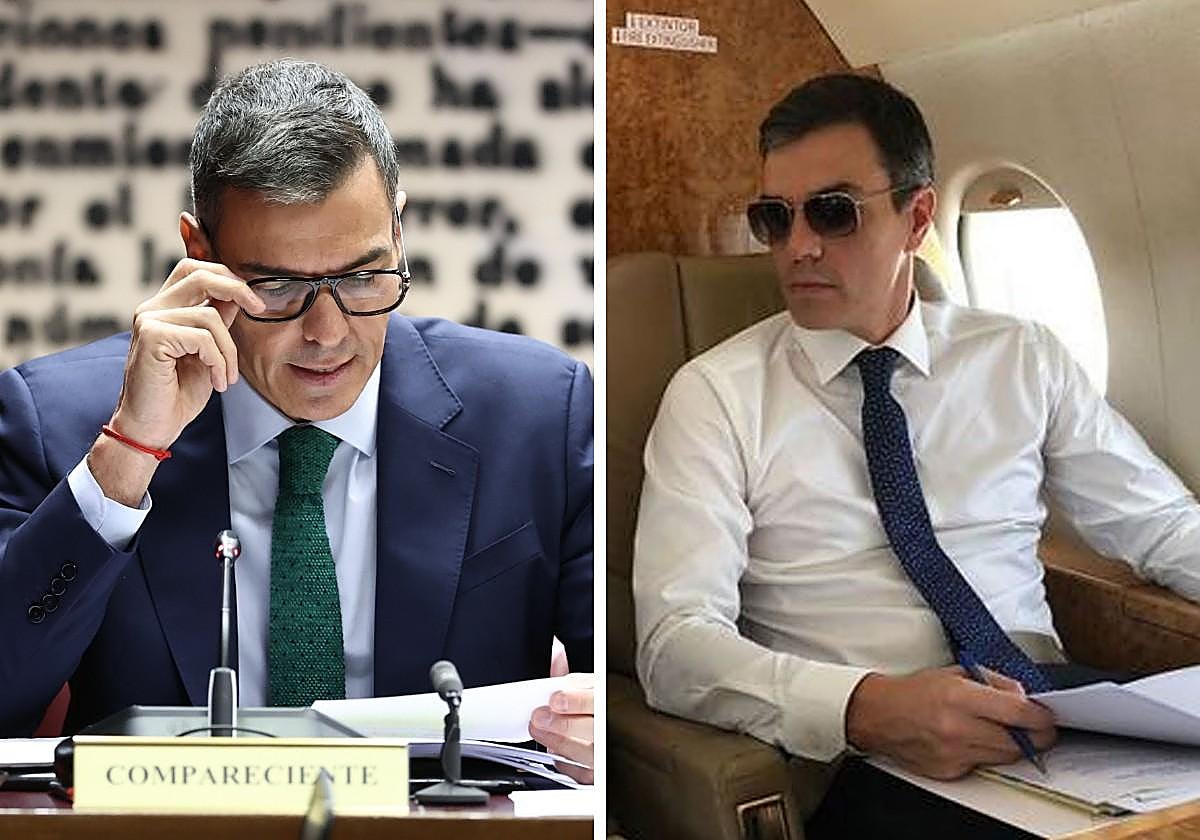Pedro Sánchez, en la comparecencia de esta mañana y en el Falcon con gafas de sol
