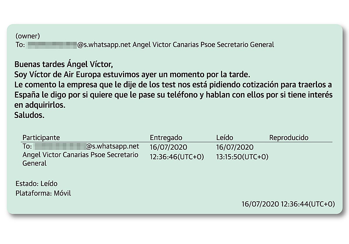 «Buenas tardes Ángel Víctor»: el mensaje que certifica que Aldama sí trató con el ministro cuando presidía Canarias