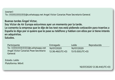 «Buenas tardes Ángel Víctor»: el mensaje que certifica que Aldama sí trató con el ministro cuando presidía Canarias