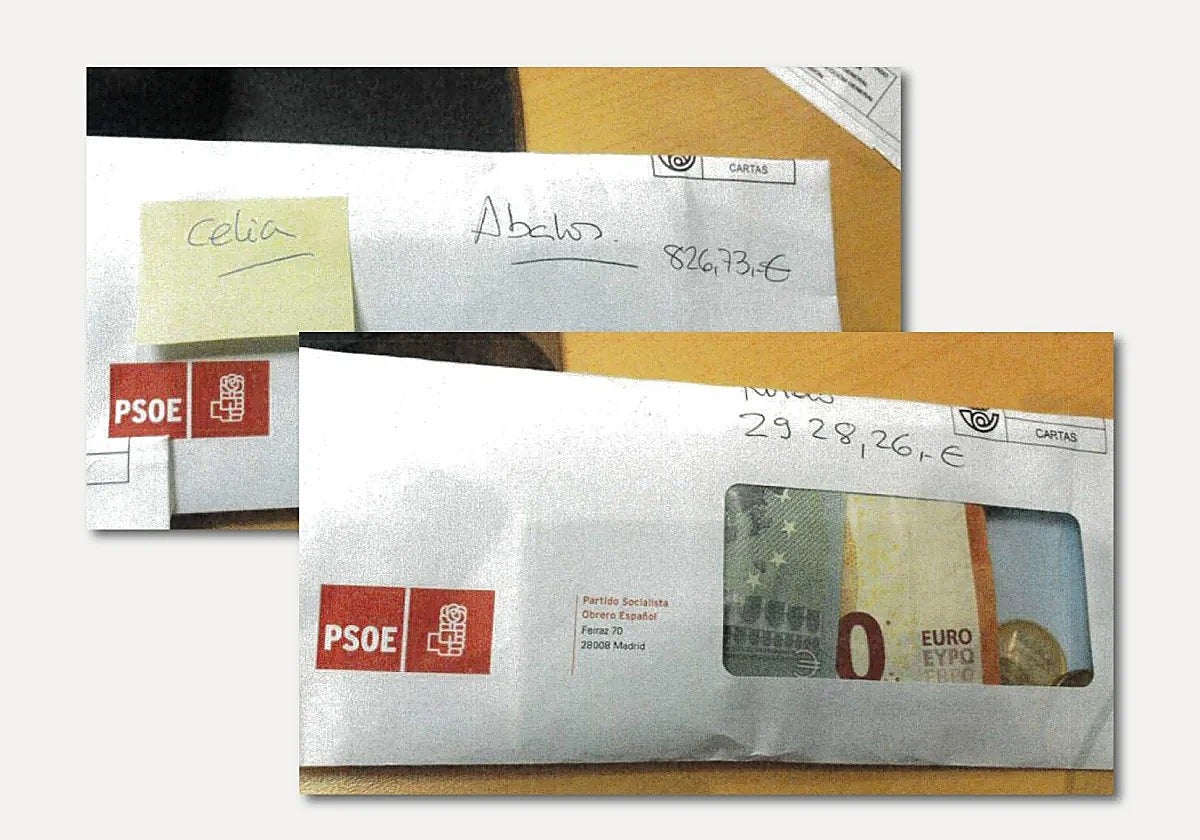 Imágenes de los sobres del PSOE a Ábalos y Koldo del sumario