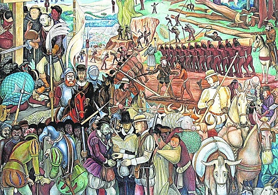 Diego Rivera recreó en este mural que se expone en el Palacio Nacional su versión de la conquista de México.