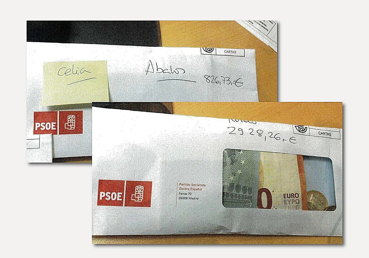 Imagen del sumario de los sobres con el anagrama del PSOE entregados a Ábalos y Koldo