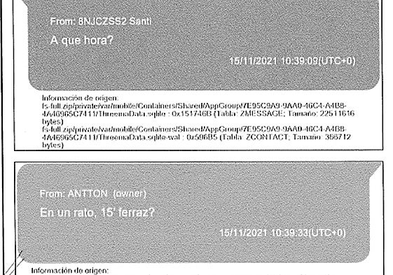 Una de las conversaciones entre Cerdán y Antxon a través de la aplicación Threema incluida en el informe de la UCO.