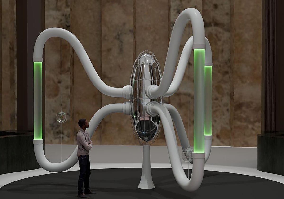 'Aeloia' la tecnoescultura generativa capaz de reescribir el 'Quijote' con IA que exhibe el Cervantes.