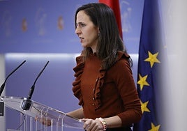La líder de Podemos, Ione Belarra, este martes en rueda de prensa en el Congreso.