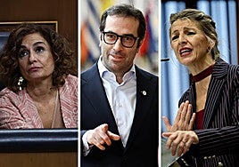 La vicepresidenta primera del Gobierno y ministra de Hacienda, María Jesús Montero el ministro de Economía, Carlos Cuerpo y la vicepresidenta segunda y ministra de Trabajo y Economía Social, Yolanda Díaz.