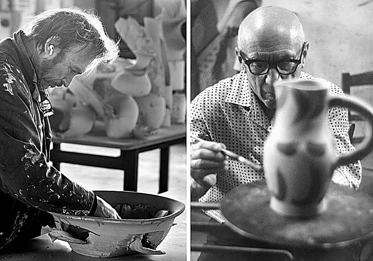 Miquel Barceló en su estudio de Vilafranca, Mallorca (izq.) en 2023. Picasso frente a una cerámica en Vallauris en 1966.