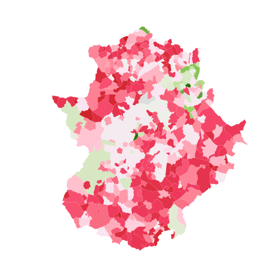 Los mapas del voto transversal de Vox en Extremadura: rebasa al PSOE en Badajoz y otros 31 municipios