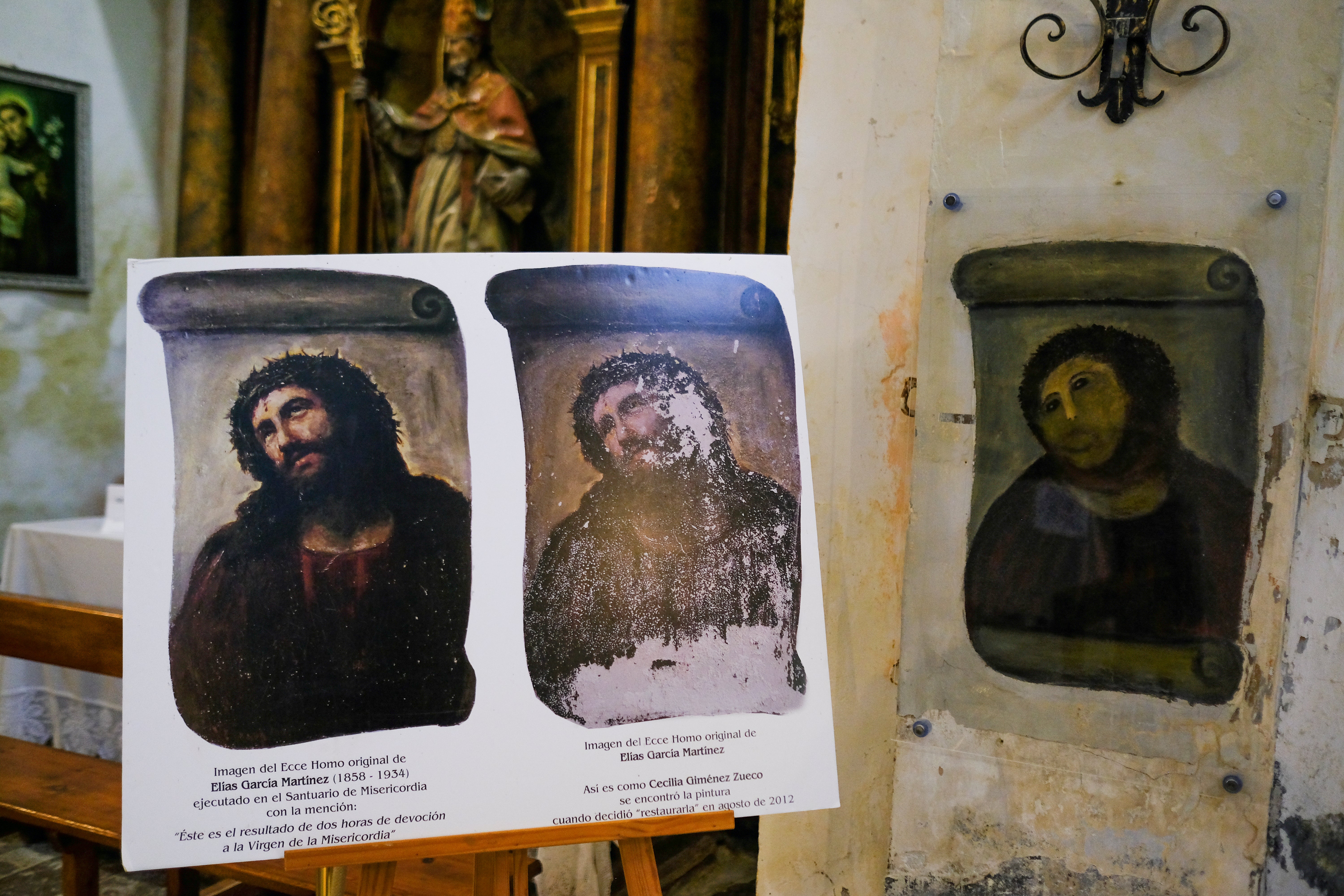 Estado en el que se encontraba la pintura antes de la intervención de Cecilia y el Ecce Homo de Borja actual.