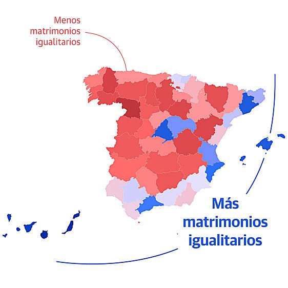 La España vaciada de matrimonios del mismo sexo: en 34 provincias no llegan al 2%
