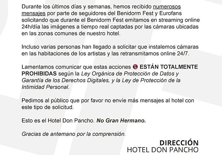 El sorprendente comunicado del hotel en el que se alojan los artistas del Benidorm Fest: «No envíen más mensajes con esta solicitud»
