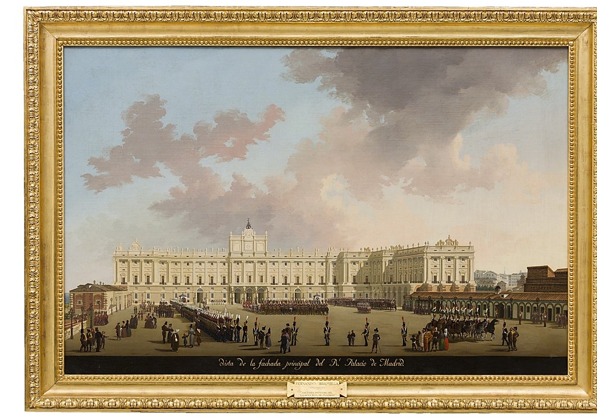 Imagen principal - De arriba a abajo:  Vista de la fachada principal del Palacio Real de Madrid, pintado por Fernando Brambila; uno de los almohadones que se mostrarán en la exposición de tejidos; y una obra de de la galería de curiosidades.