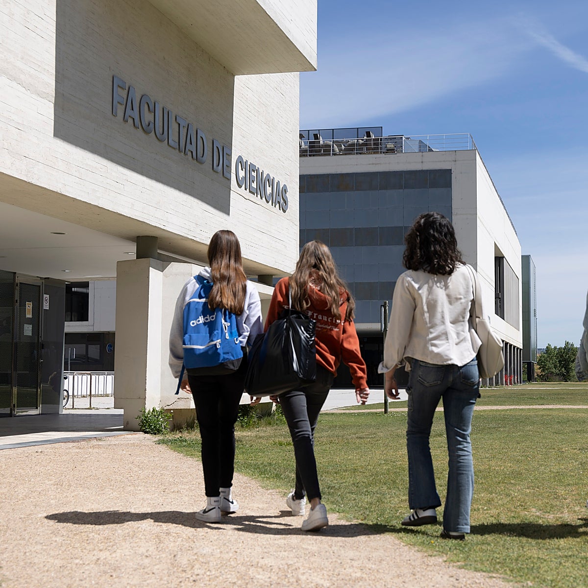Un grupo de universitarias se dirige a su clase.
