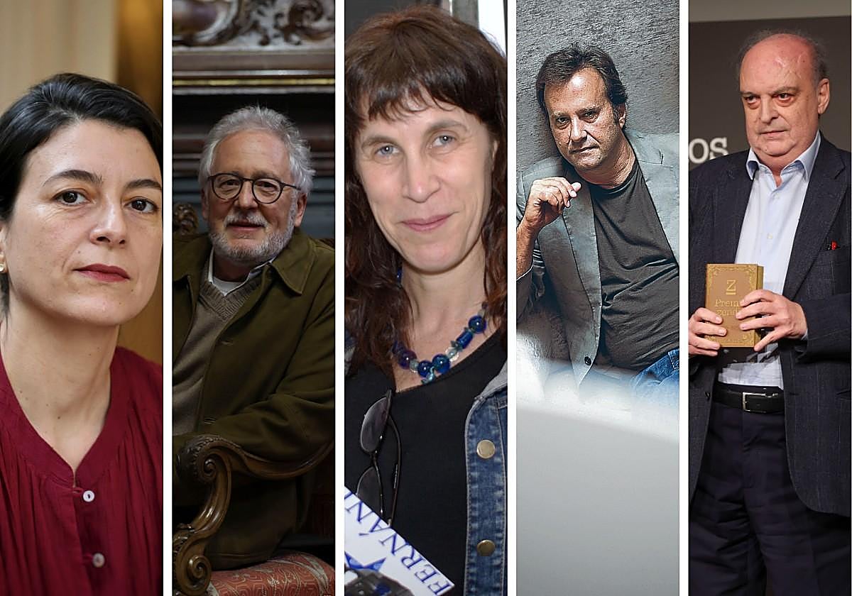 En orden la escritora Samanta Schweblin, Héctor Abad, Nona Fernández, Marcos Giralt y Enrique Vila-Matas.