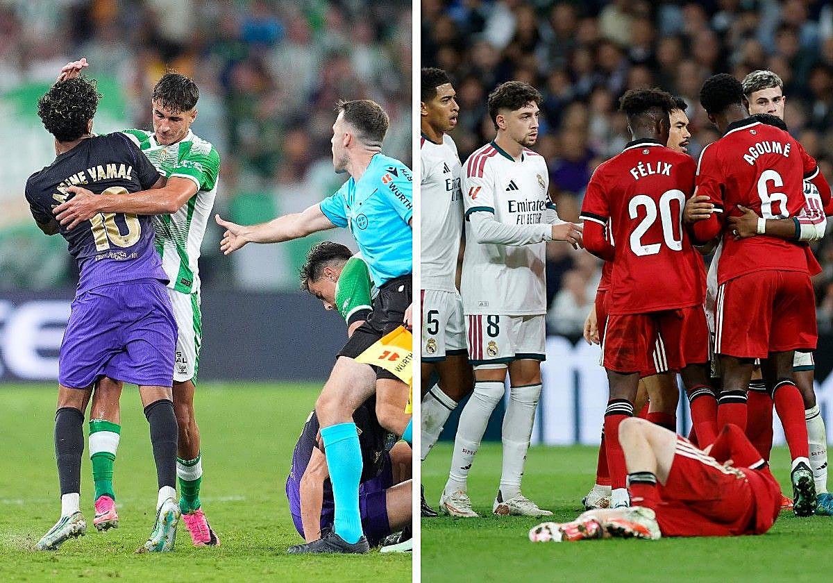 A la izquierda, el rifirrafe entre Lamine Yamal y Facundo Bernal durante el Betis-Barcelona. A la derecha, Peque en el suelo durante el Real Madrid-Sevilla