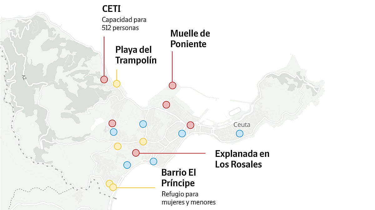 El mapa de los puntos de acogida de migrantes en Ceuta