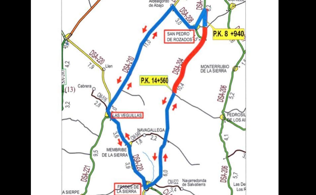 Corte de la carretera DSA-204 entre San Pedro de Rozados y la Finca Calzadilla de Mendigos