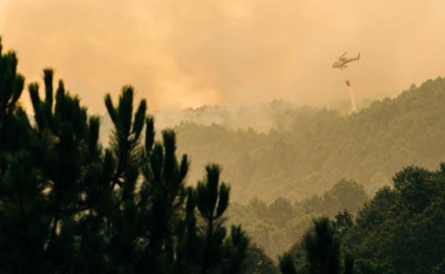 Medios aéreos trabajan este domingo para sofocar el fuego declarado el viernes en Santa Cruz del Valle, en Ávila. 
