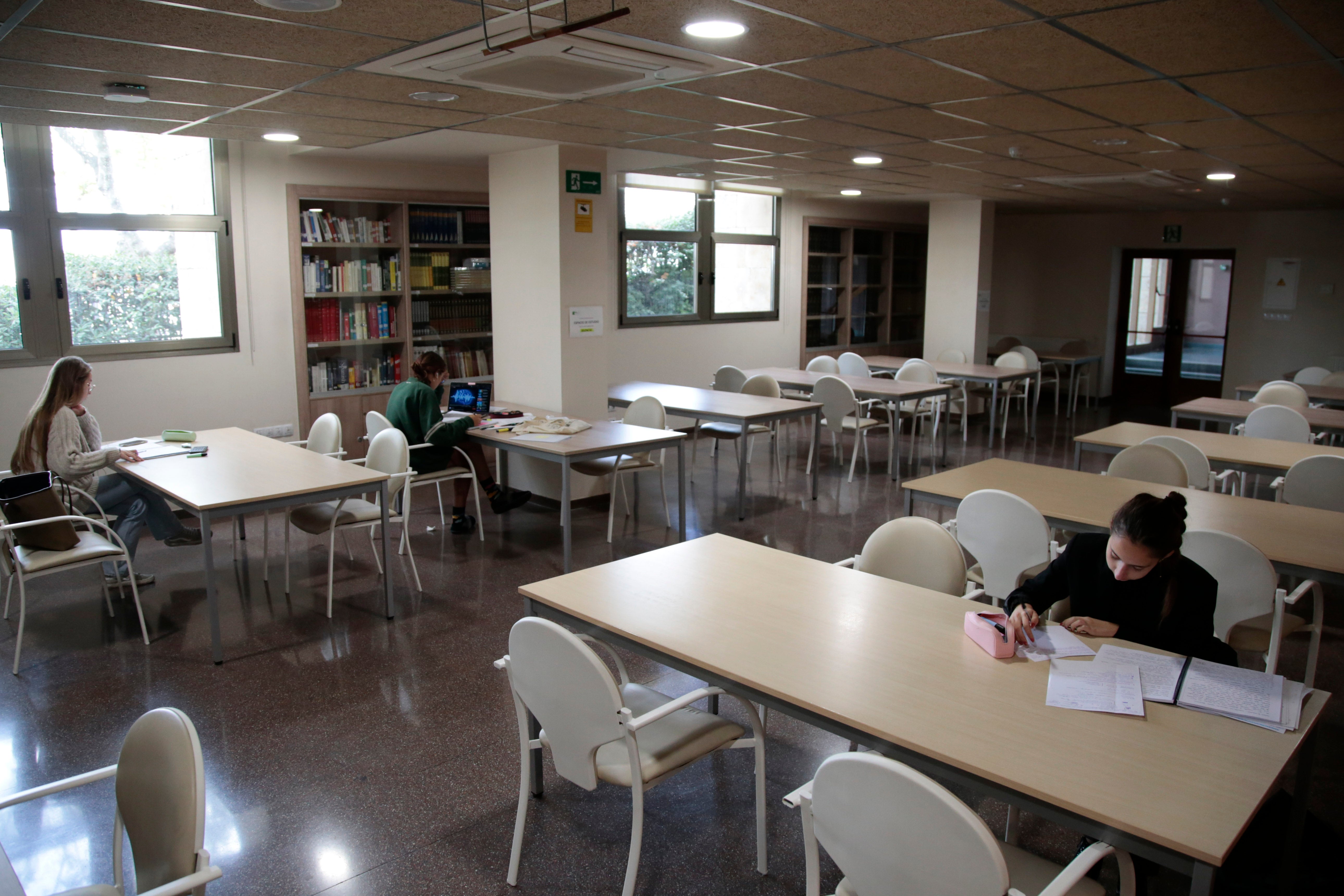 Varias universitarias estudian en la biblioteca de la Residencia Colegio Hernán Cortés. 