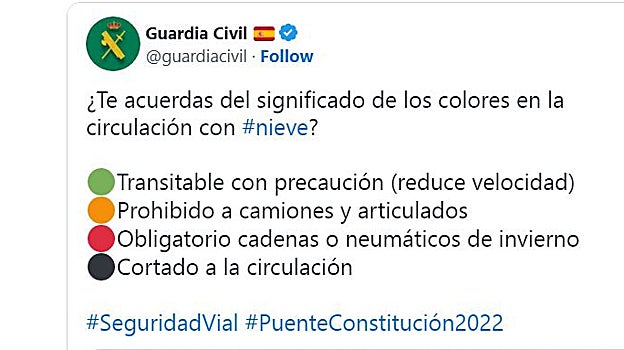 Tuit de este lunes de la Guardia Civil
