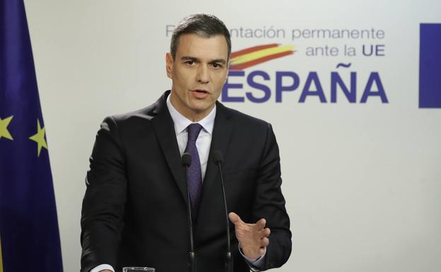 El presidente Pedro Sánchez, este jueves en una intervención ante la prensa en Bruselas.