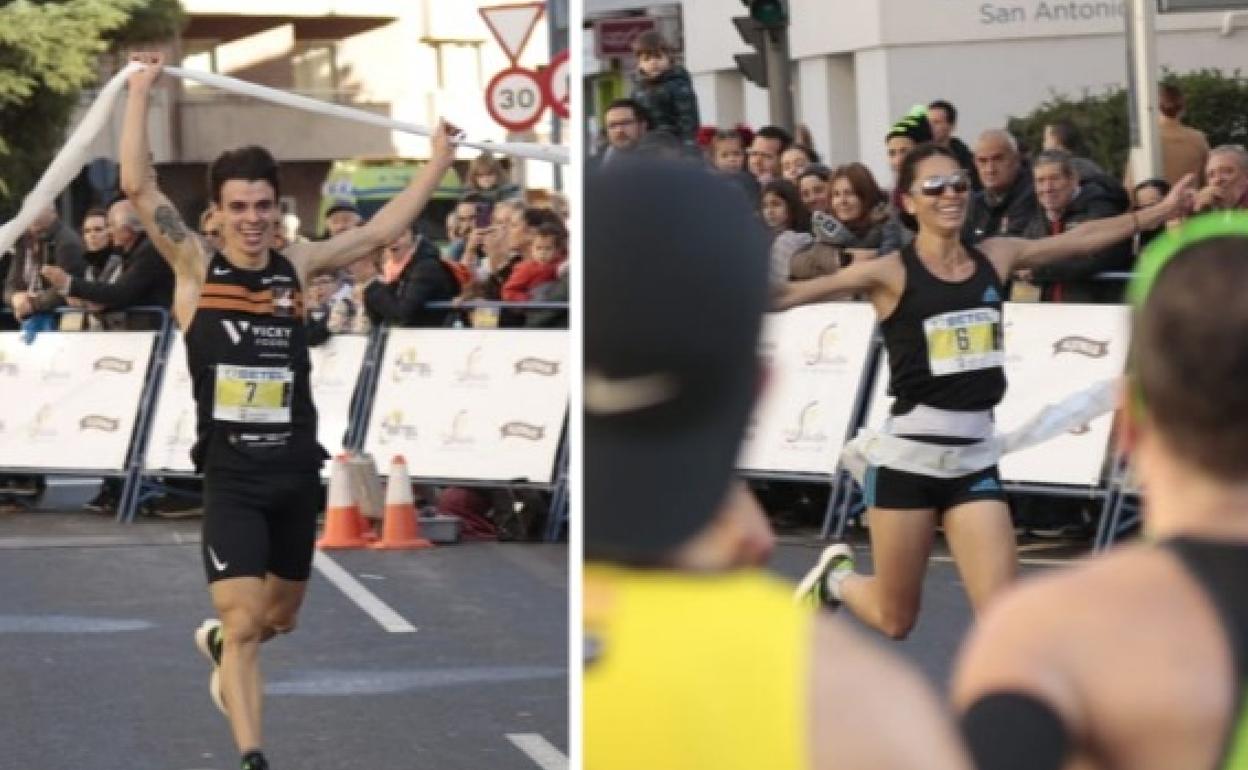 Pablo Sánchez y Nuria Lugueros a su entrada en la meta de la XXXVIII San Silvestre Salmantina.