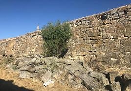 Escombros caídos en una parte de la muralla de Ciudad Rodrigo.