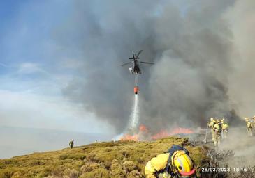 Helicópteros y bomberos combaten el incendio en Candelario que «todavía no está controlado»