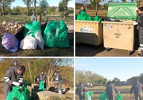 Los vecinos de Villamayor recogiendo la basura.
