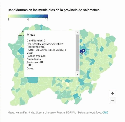 Mapa de Salamanca con las candidaturas por municipio.