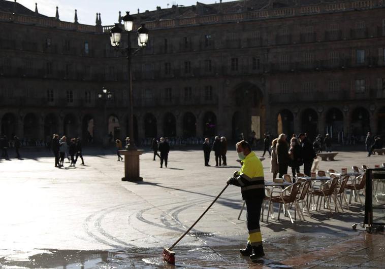 Un operario municipal realiza tareas de limpieza en la Plaza Mayor de Salamanca.