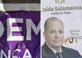 Inscripción en la carpa de Podemos y pintada en un cartel de Vox.