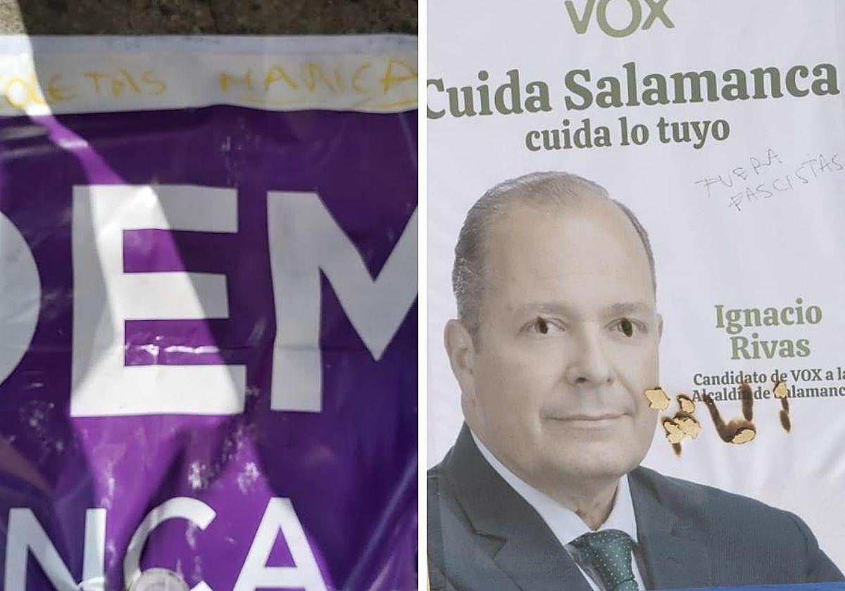 Inscripción en la carpa de Podemos y pintada en un cartel de Vox.