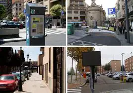 Zona azul, parking de pago, aparcamiento gratuito y coches aparcados en la calle.