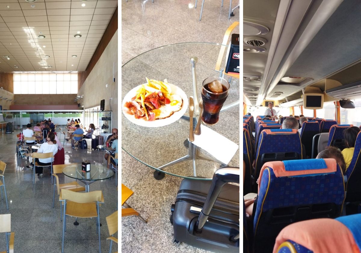 Pasajeros esperando, el menú que comieron y el interior del bus camino de Madrid.