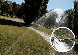 Aspersor funcionando en Salamanca y embalse de Santa Teresa.