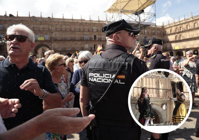 Manifestantes contra la amnistía interrumpen el Día del Tamborilero en la Plaza Mayor de Salamanca