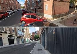 Hilera de puertas de cochera y coches en la calle aparcando en batería en Garrido.