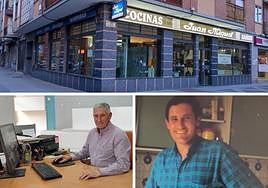 Arriba la tienda en Federico de Anaya con el cartel de la jubilación y abajo, imágenes reciente y de hace ya unos años de Juan Miguel Hernández.