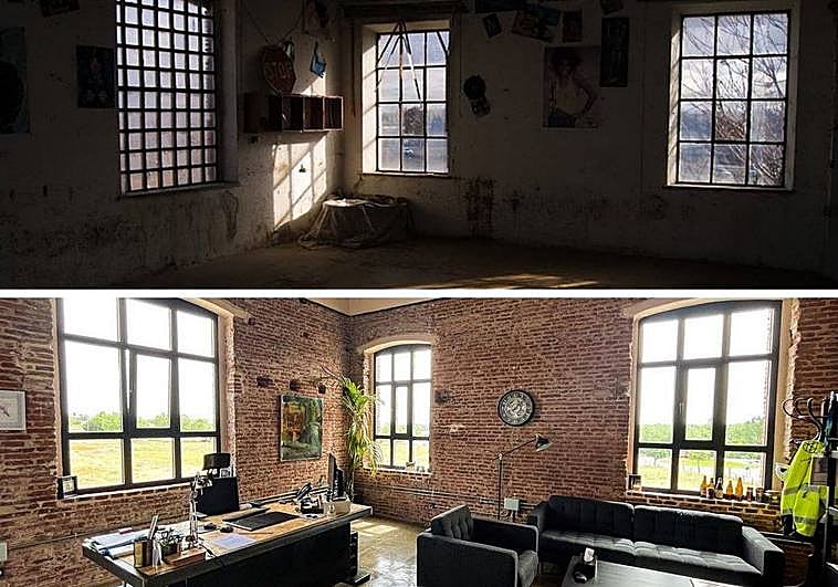 La histórica fábrica de colas, en su estado original y totalmente rehabilitada.