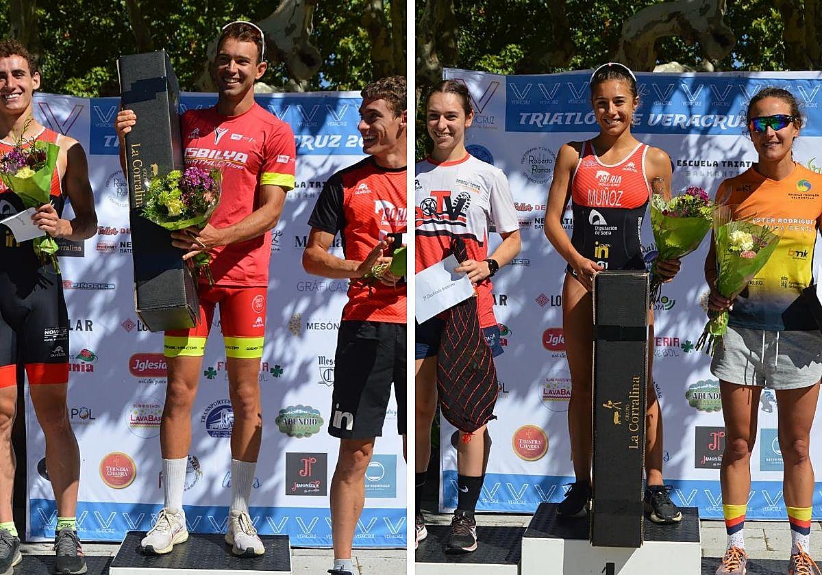 Podios masculino y femenino del V Triatlón Veracruz Salamanca.