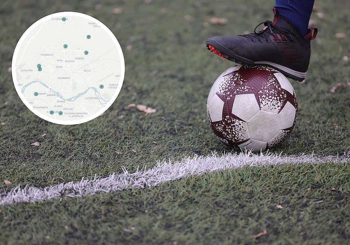 Mapa de campos municipales y superficie de césped sintético.